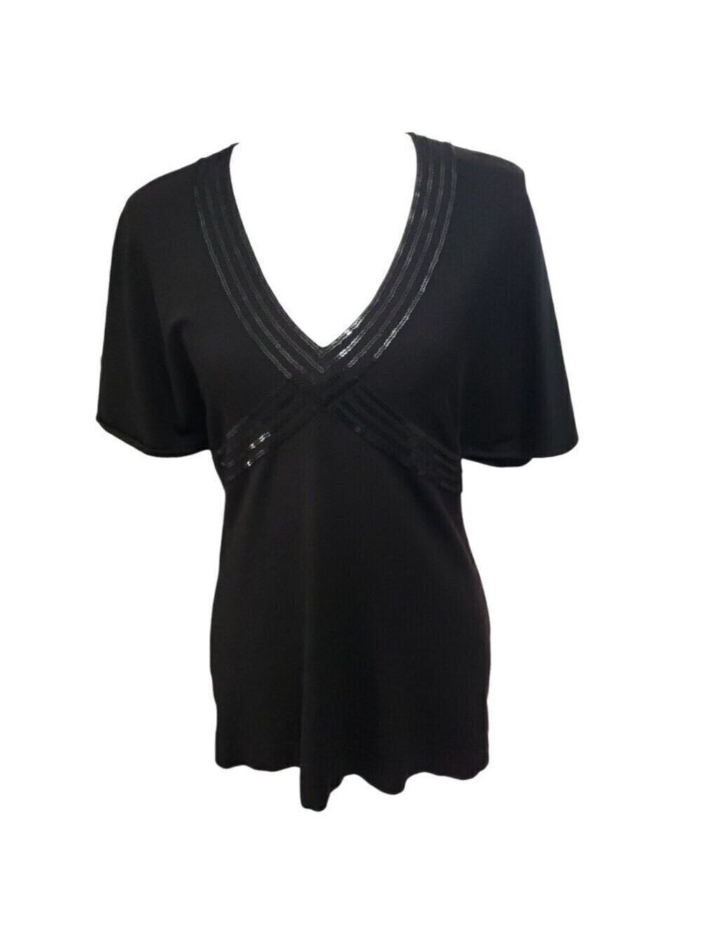 Ann Taylor LOFT Women's Black Knit V-Neck Blouse with Black Sequins Medium